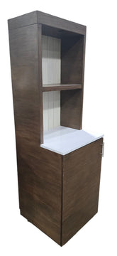 Used resort guest room beverage station cabinet with shelving and mini fridge compartment