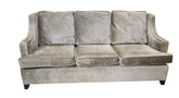 SHL used light taupe velvet sofa with three seat cushions and curved track arms sourced from an upscale resort