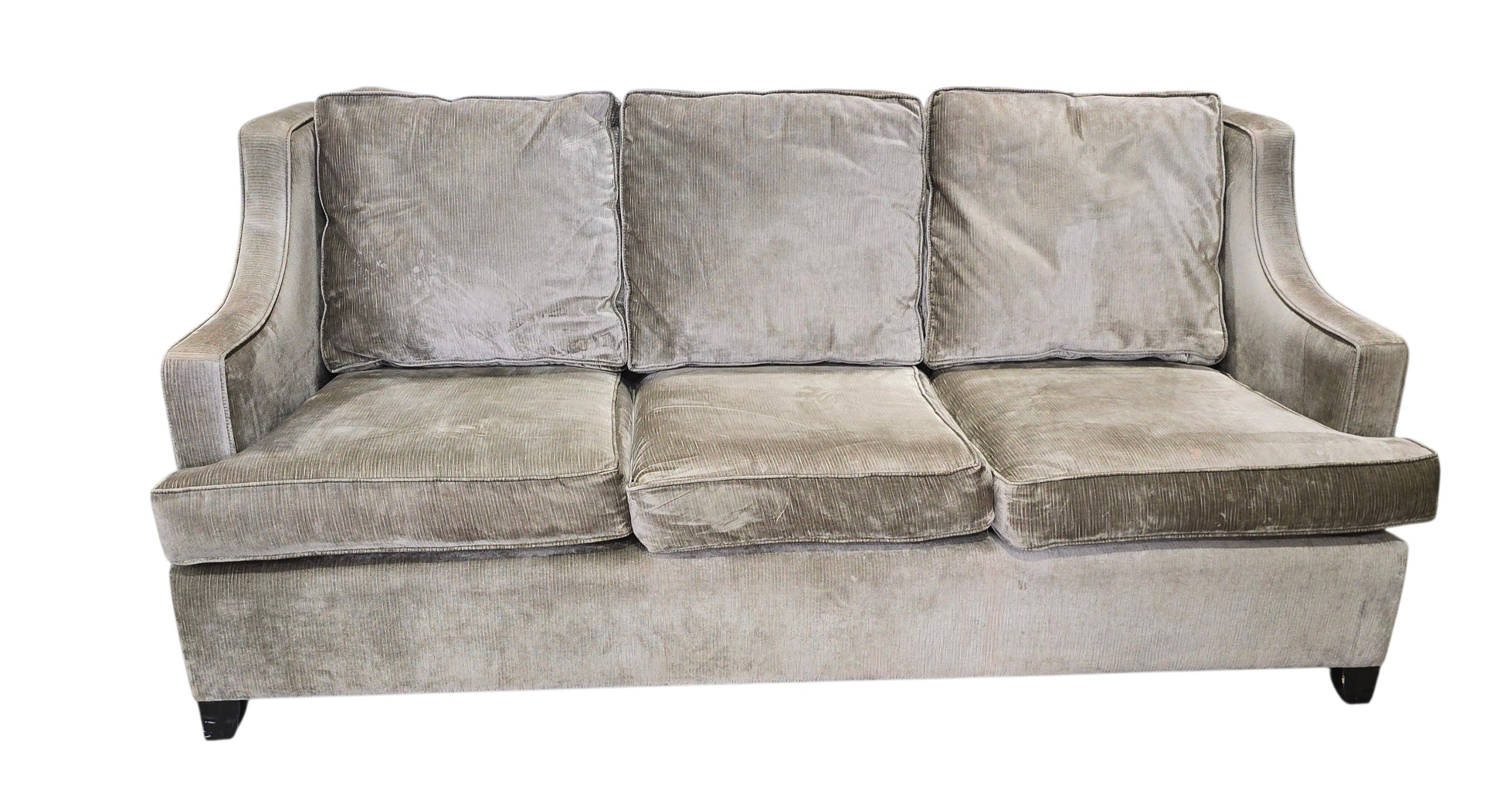 SHL used light taupe velvet sofa with three seat cushions and curved track arms sourced from an upscale resort