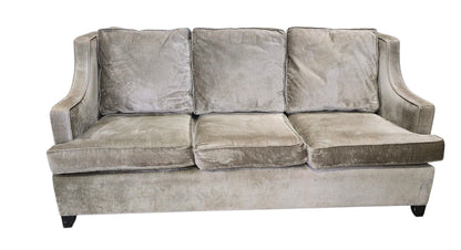 SHL used light taupe velvet sofa with three seat cushions and curved track arms sourced from an upscale resort