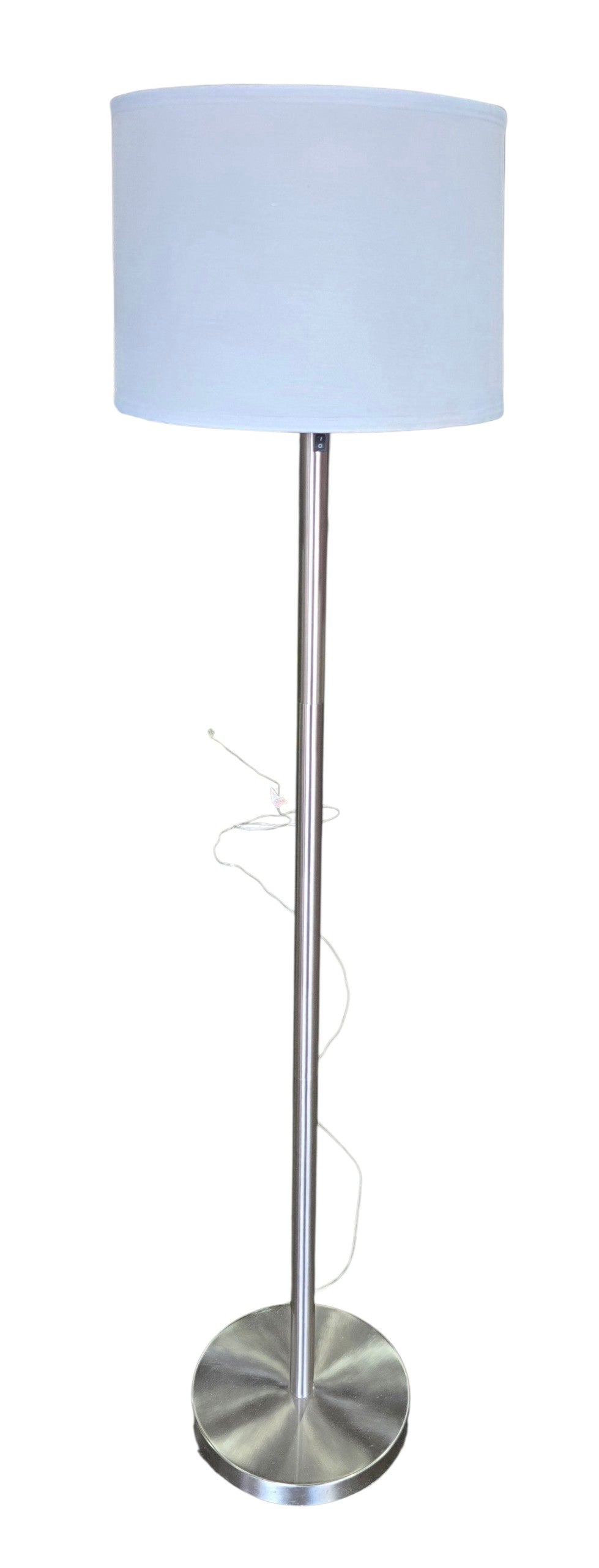 SHL quality used modern brushed nickel floor lamp with white drum shade sourced from an upscale resort
