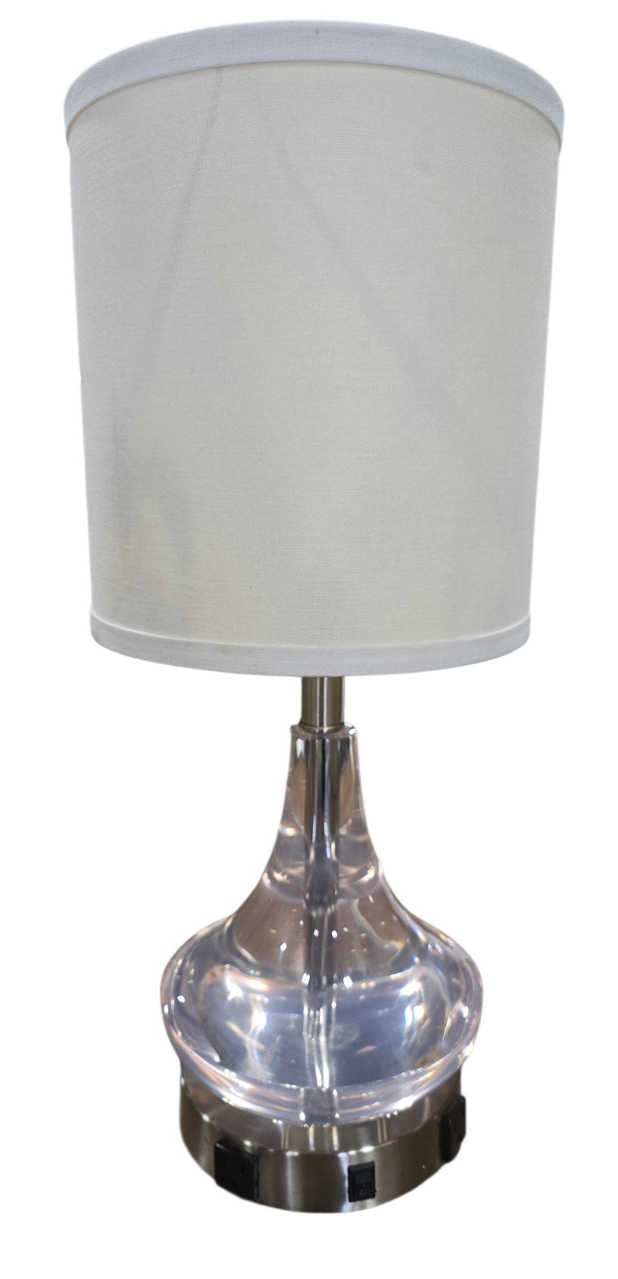SHL quality used modern clear acrylic table lamp with white drum shade and dual built-in power outlets sourced from an upscale resort