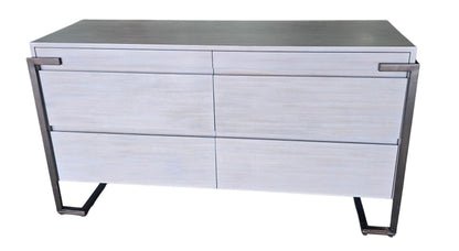 Used Montague 4 drawer gray wood dresser with soft close drawers and metal frame, sourced from an upscale resort by Southern Hospitality Liquidation in Cartersville, GA near Atlanta, Marietta, Kennesaw, and Rome.