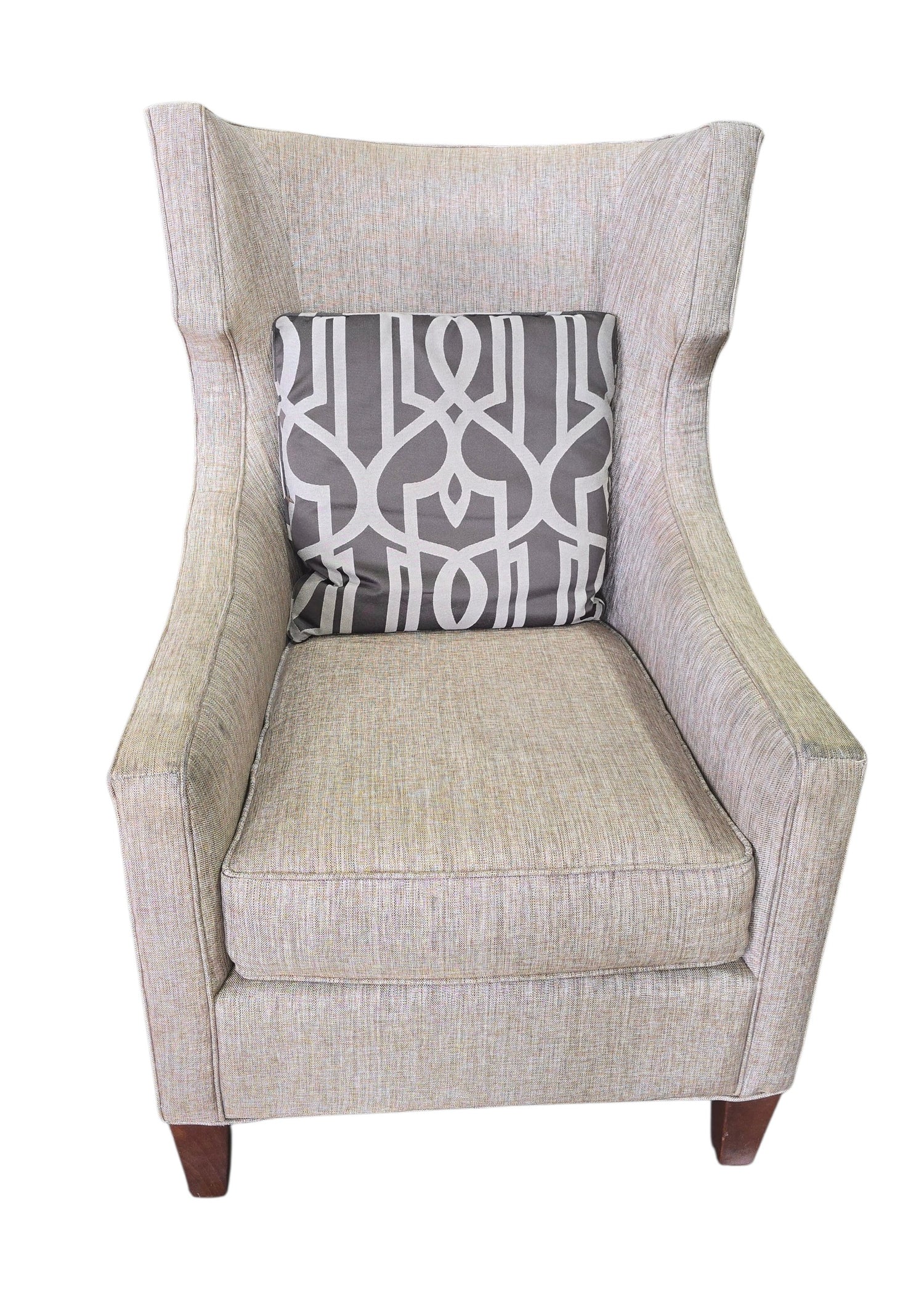 SHL used neutral beige wingback accent chair with gray geometric accent pillow sourced from upscale resort