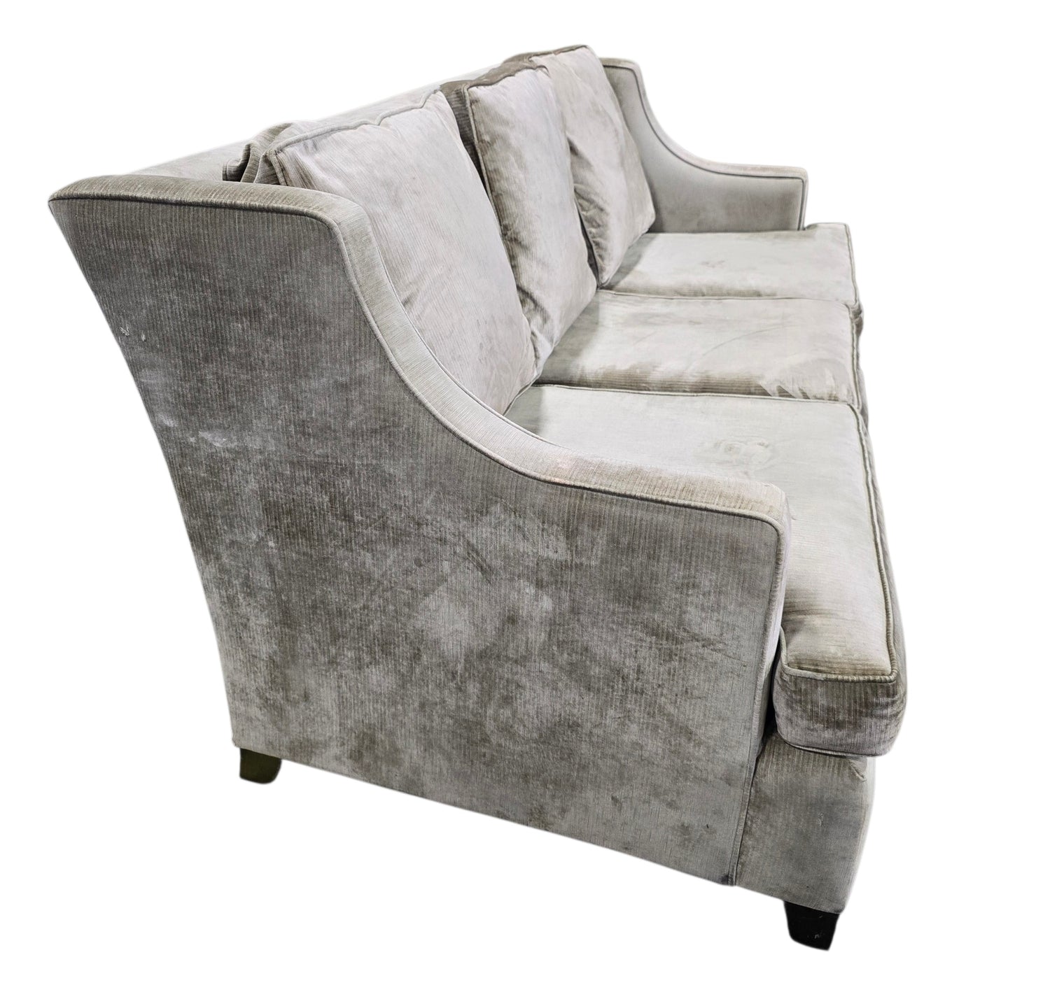 SHL used resort style sofa upholstered in soft light taupe velvet fabric sourced from an upscale resort