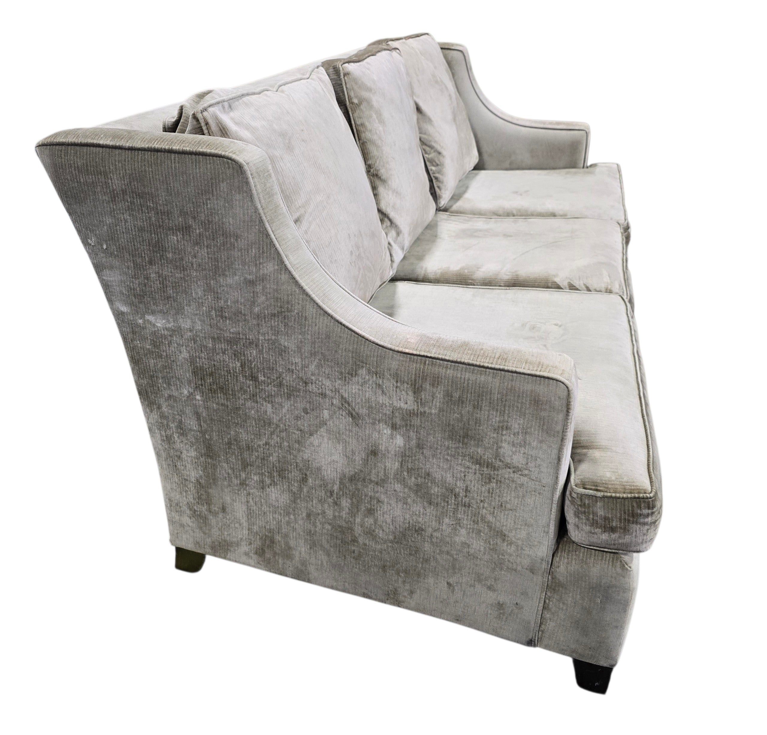 SHL used resort style sofa upholstered in soft light taupe velvet fabric sourced from an upscale resort