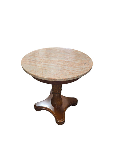 SHL used round granite top pedestal table with warm wood finish for living room or bedroom