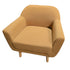 Used sandstone bouclé accent chair with curved back and natural wood legs sourced from an upscale resort
