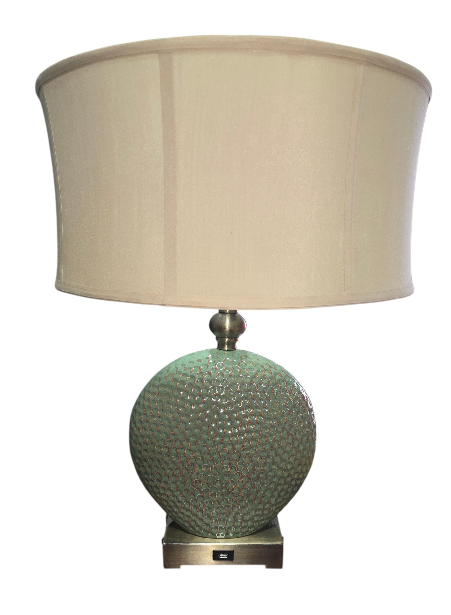 SHL quality used seafoam textured ceramic table lamp with off-white drum shade, built-in USB charging port, and power outlet sourced from an upscale resort