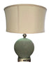SHL quality used seafoam textured ceramic table lamp with off-white drum shade, built-in USB charging port, and power outlet sourced from an upscale resort