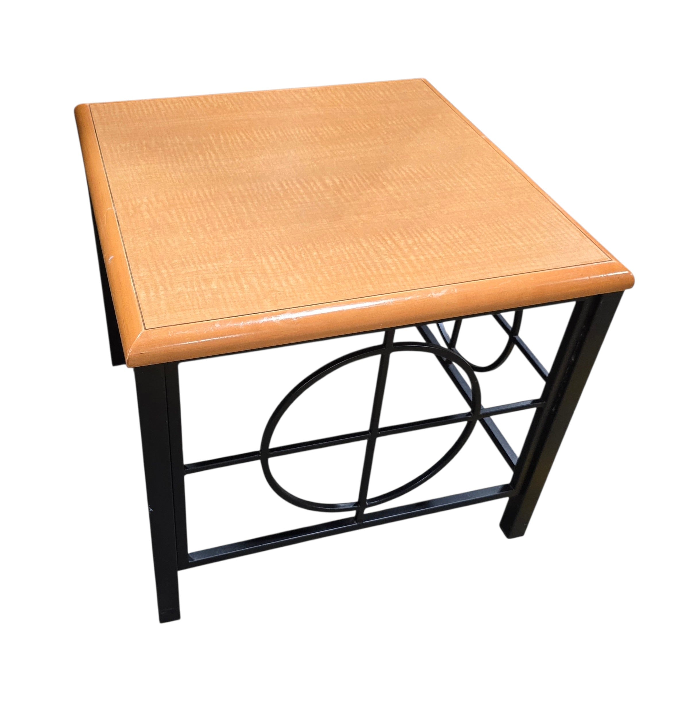 SHL used square accent table featuring a wood top and decorative black metal frame
