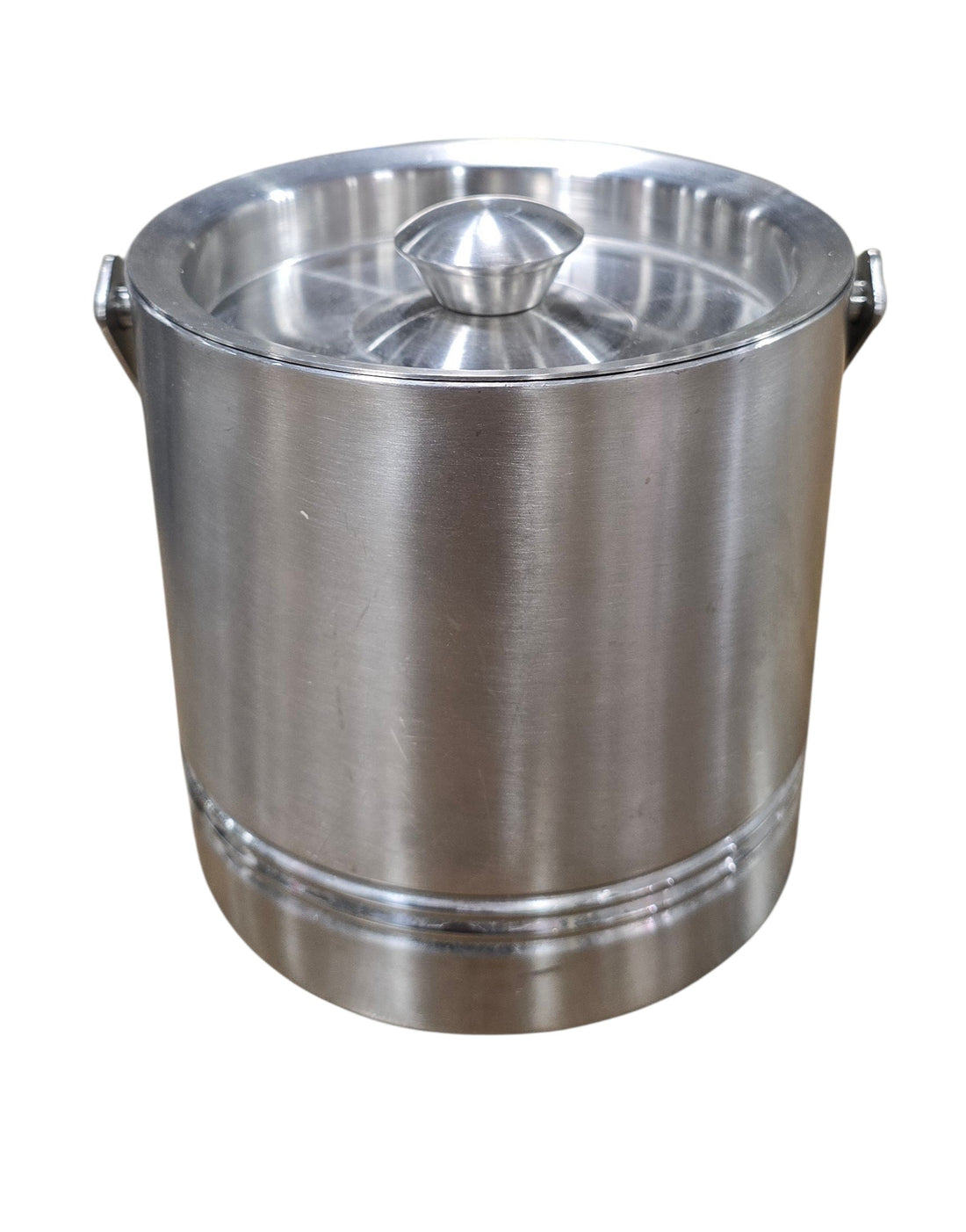 Side view of a used stainless steel resort ice bucket with lid and metal handle, available at Southern Hospitality Liquidation in Cartersville, GA near Atlanta, Marietta, Kennesaw, and Rome.
