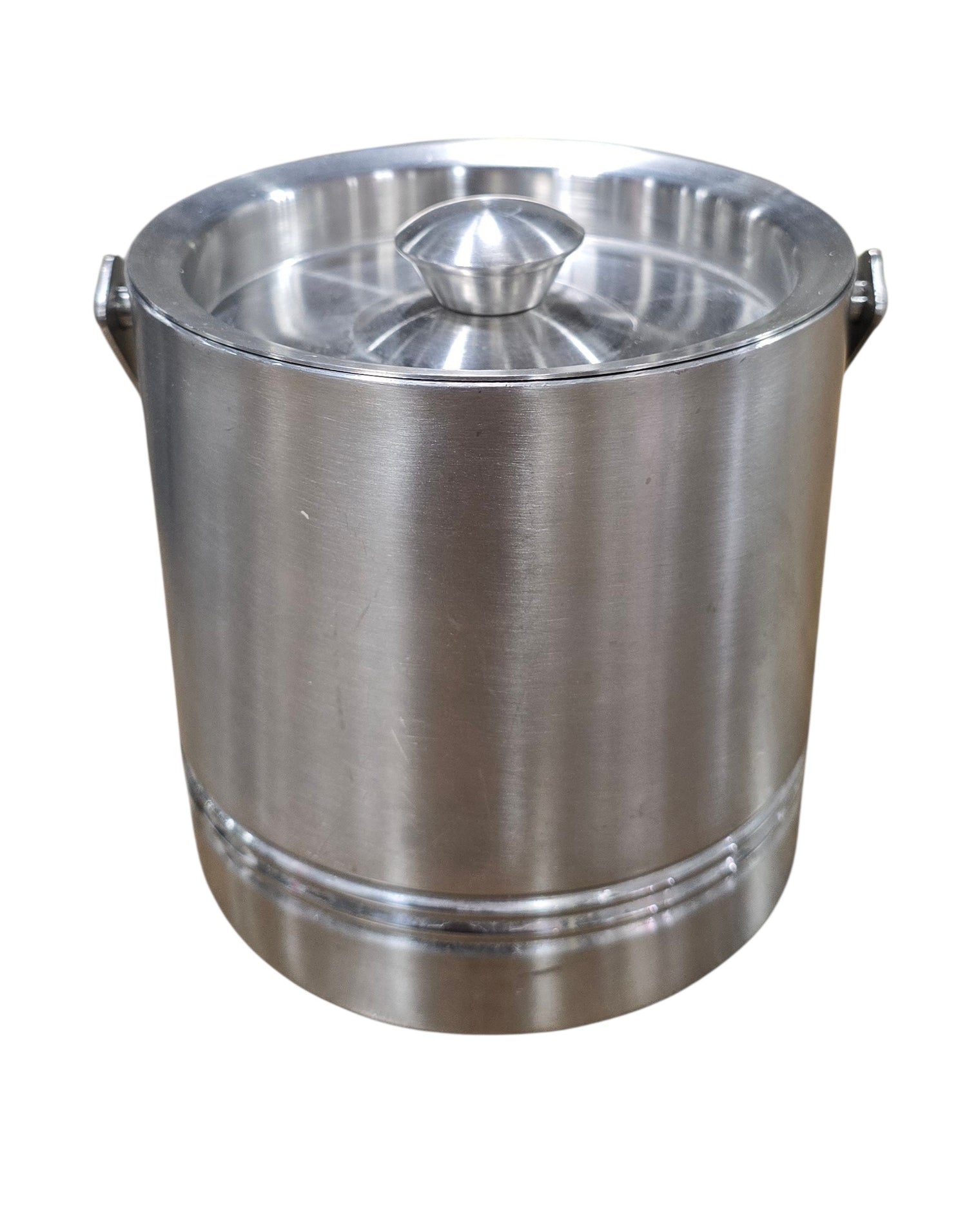 Side view of a used stainless steel resort ice bucket with lid and metal handle, available at Southern Hospitality Liquidation in Cartersville, GA near Atlanta, Marietta, Kennesaw, and Rome.