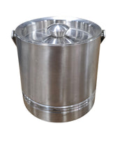Side view of a used stainless steel resort ice bucket with lid and metal handle, available at Southern Hospitality Liquidation in Cartersville, GA near Atlanta, Marietta, Kennesaw, and Rome.