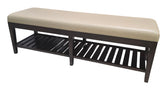 Quality used upholstered storage bench with a cream cushion and dark wood frame featuring a slatted lower shelf, sourced from an upscale resort. Available at Southern Hospitality Liquidation in Cartersville, GA.