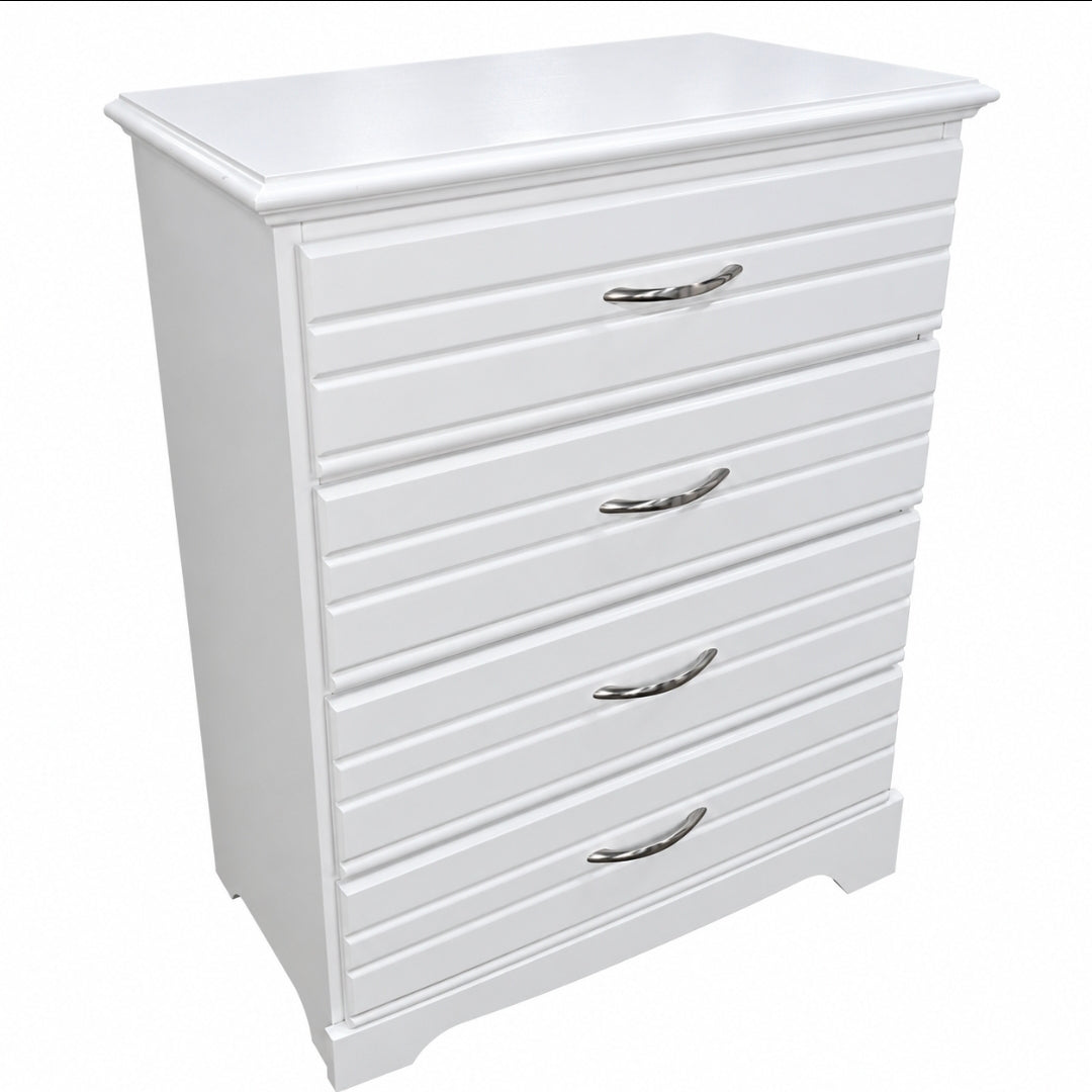 Used white four-drawer chest with decorative molding, angled view, SHL