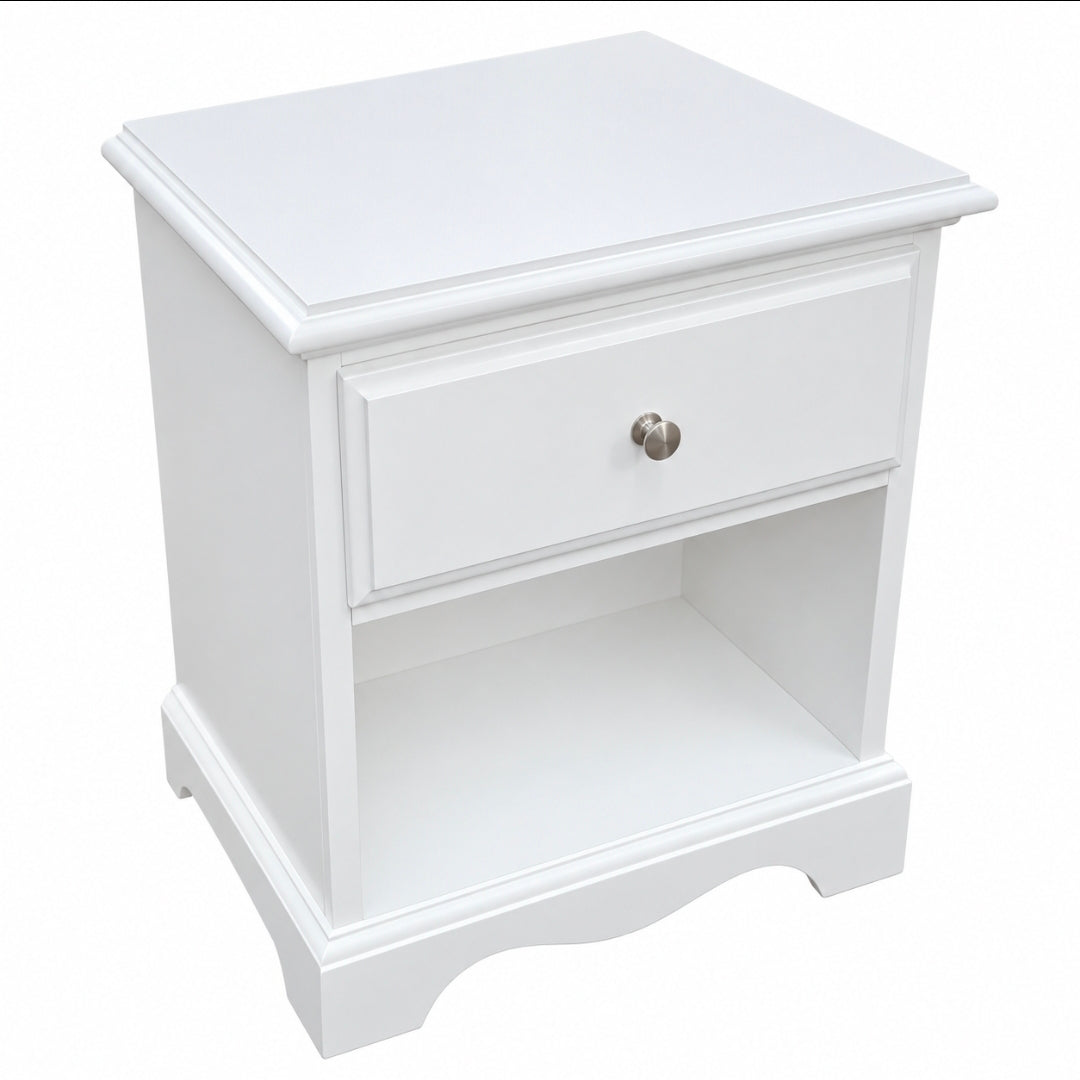 Used white nightstand with decorative drawer and open shelf, angled view, SHL