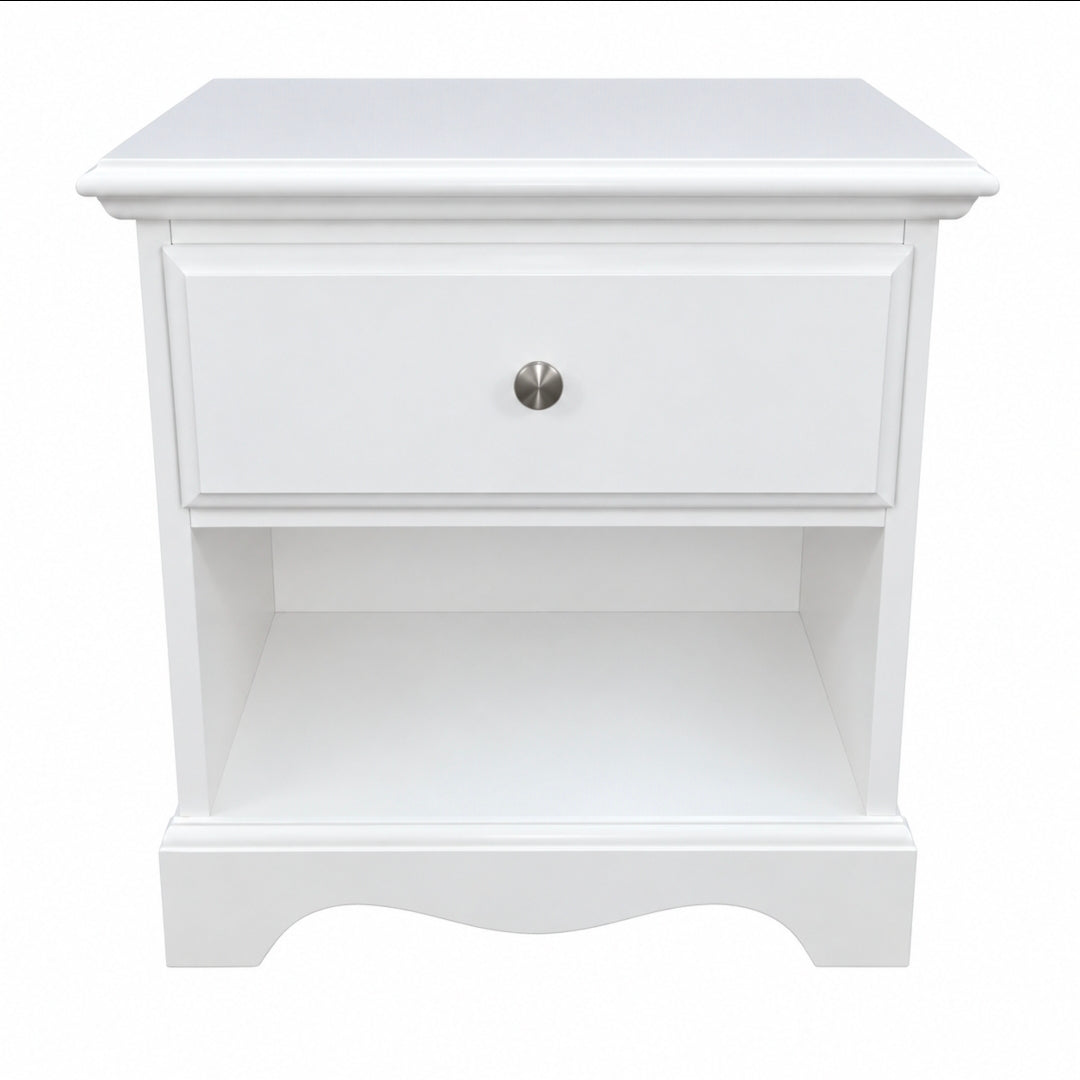 Used white nightstand with one drawer and open shelf, front view, SHL