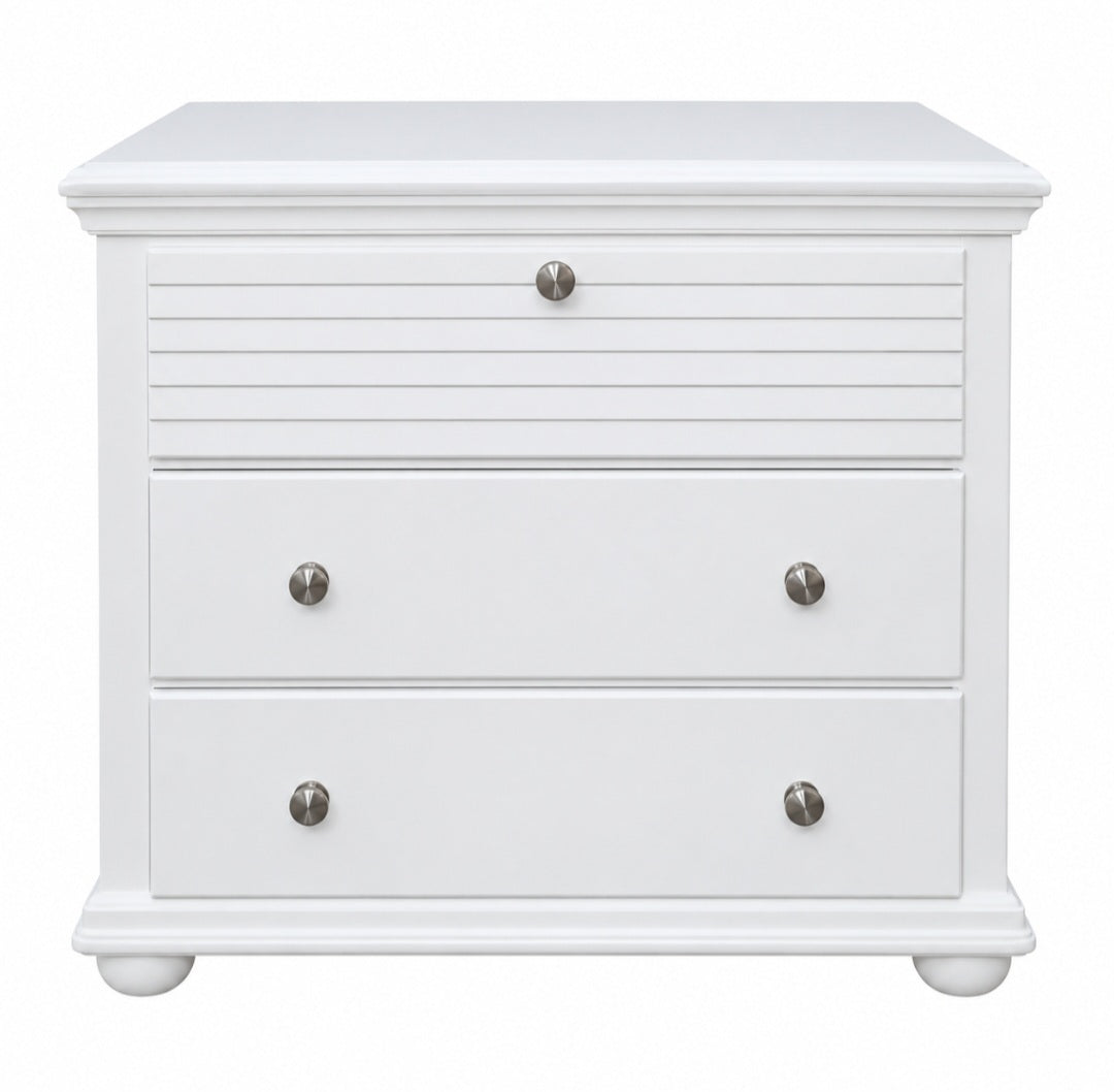Used extra-large white 3-drawer nightstand with decorative top drawer, front view, SHL
