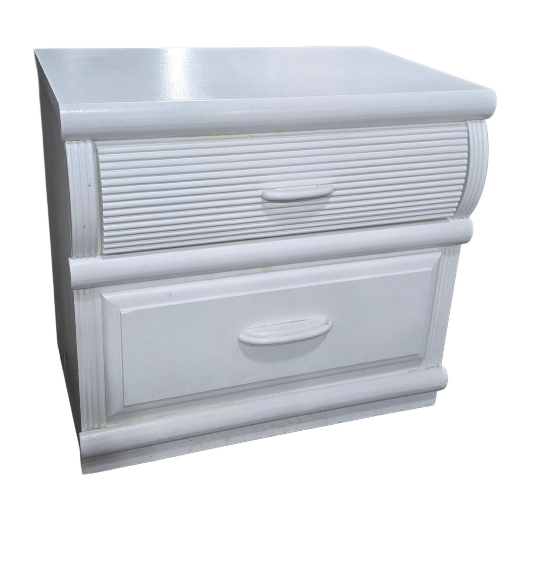 SHL front view of white 2 drawer nightstand with reeded design, used and in good condition