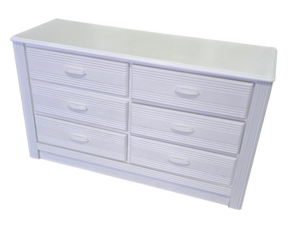 SHL angled view of white reeded dresser for bedroom storage, used and in good condition