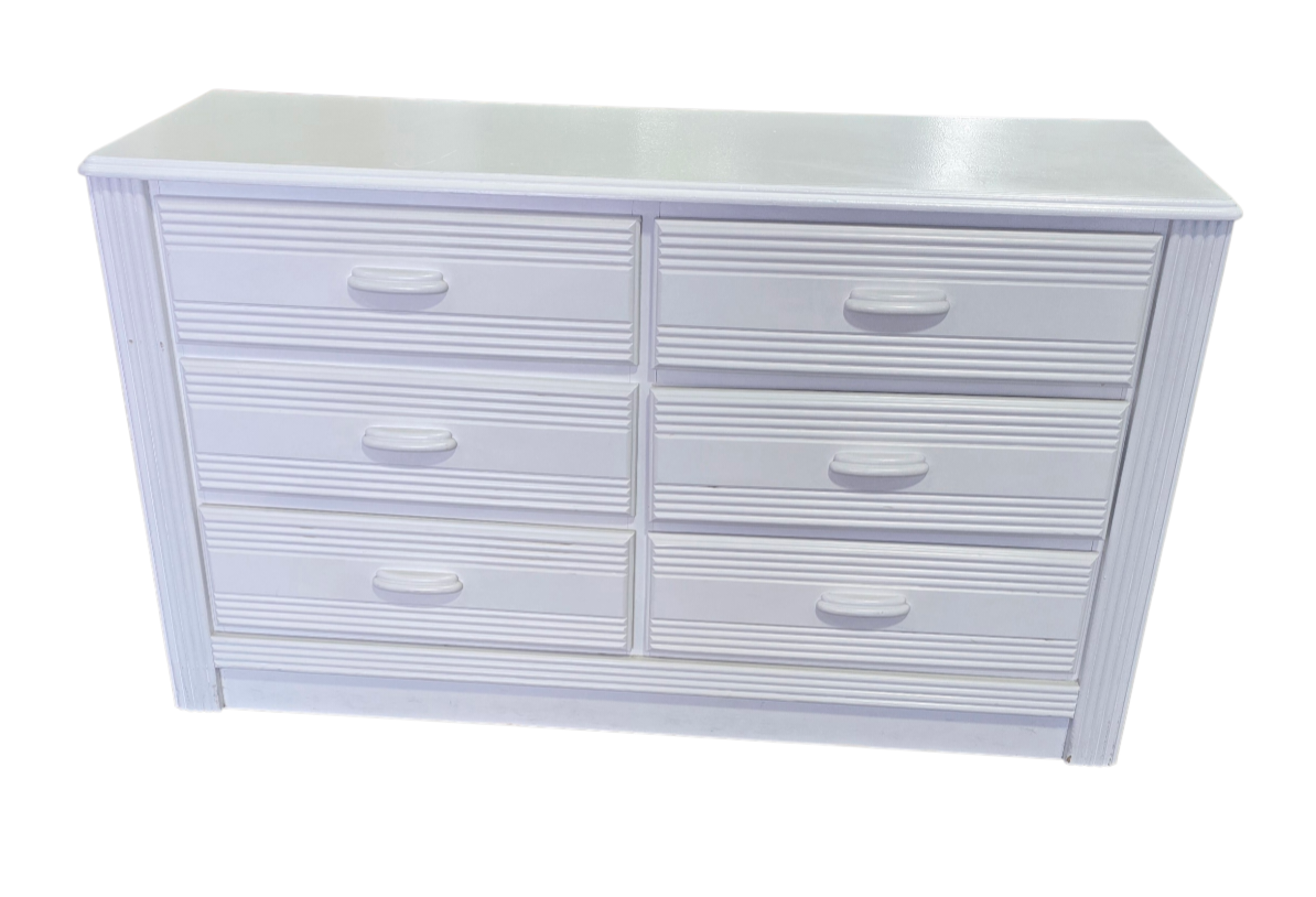 SHL front view of white 6 drawer dresser with reeded design, 52 x 18 x 30, used and in good condition