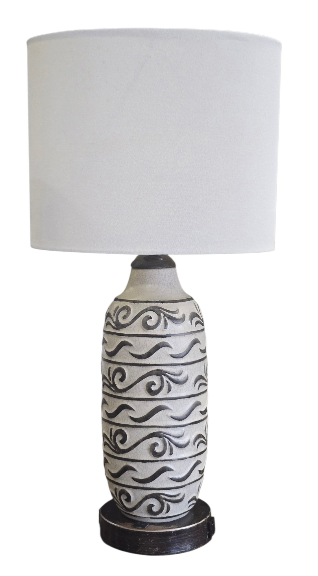 White ceramic table lamp with brown decorative designs and built in power outlet, used and in good condition