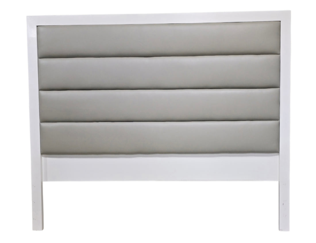 White framed headboard with gray upholstered horizontal padded panels measuring 65 x 66
