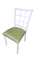 SHL front view of white metal dining chair with green vinyl padded seat, used and in good condition
