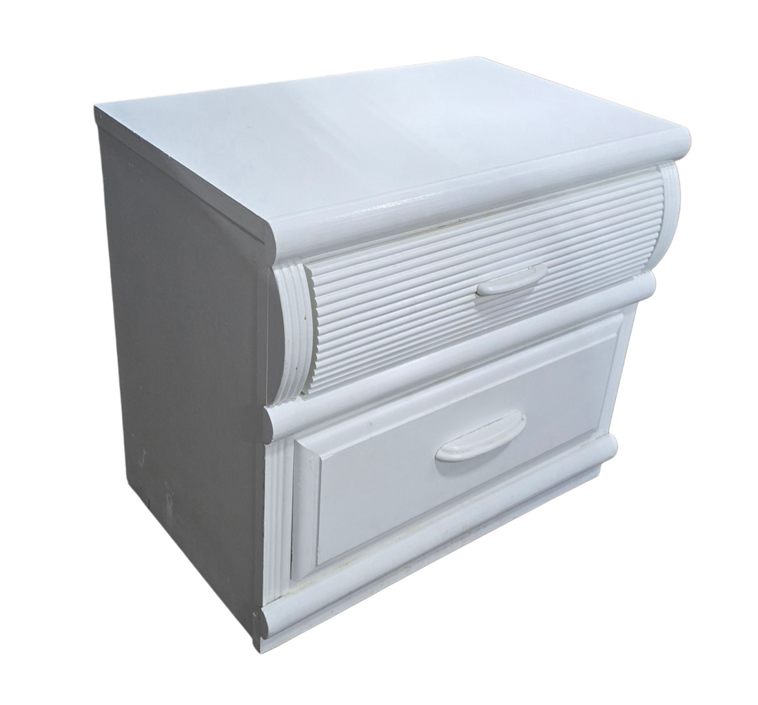 SHL angled view of white reeded nightstand measuring 24 x 15 x 22