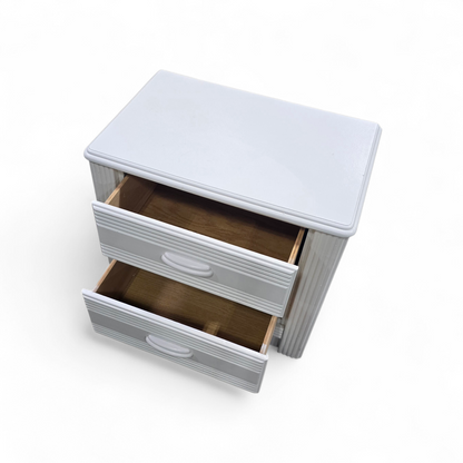 SHL top surface detail of white reeded nightstand, used and in good condition