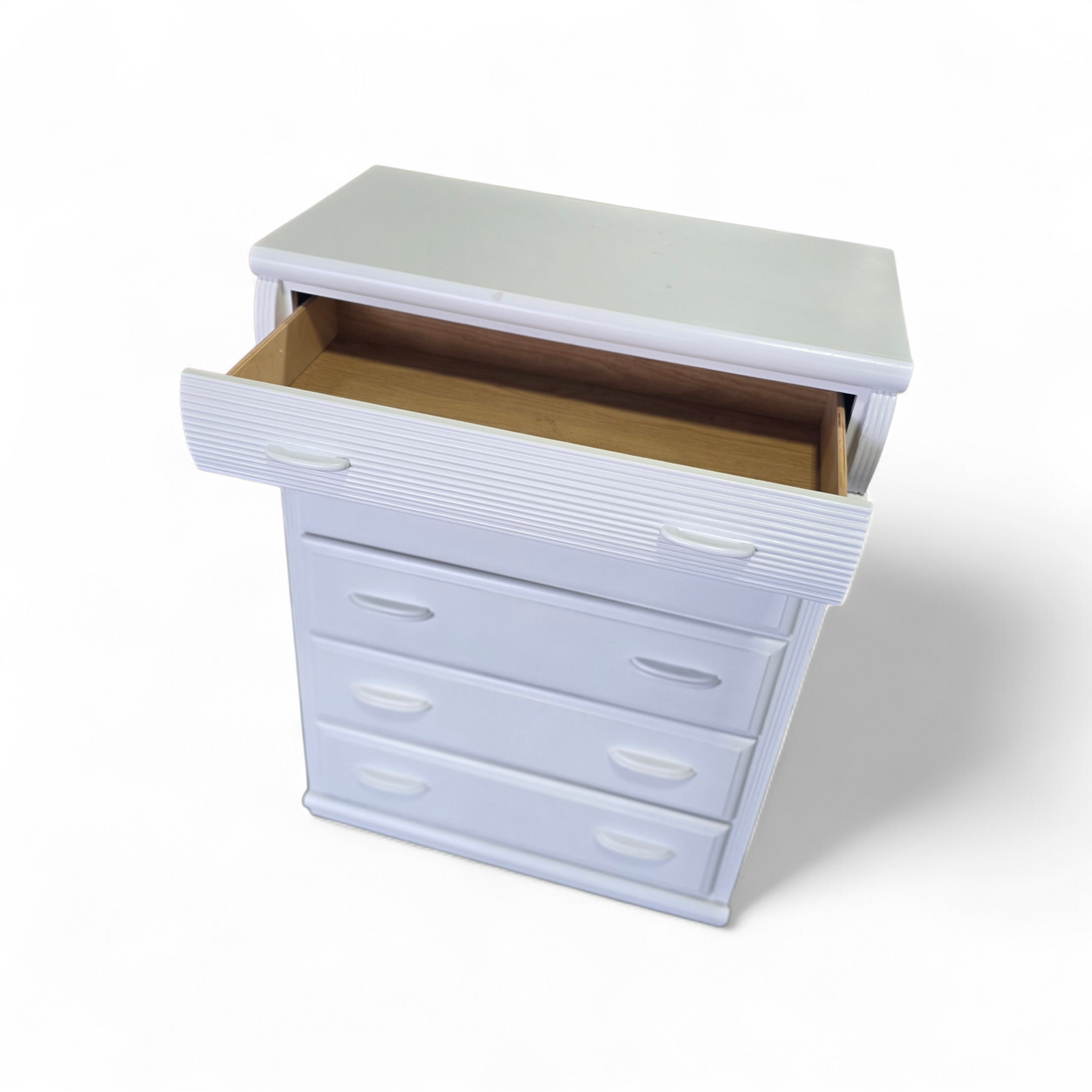 SHL close-up of drawer detail on white wood/MDF chest of drawers, used and in good condition