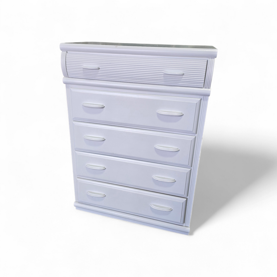 SHL front view of white wood/MDF 5 drawer chest, 34.2 x 17.5 x 49.5, used and in good condition