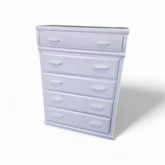 SHL front view of white wood/MDF 5 drawer chest, 34.2 x 17.5 x 49.5, used and in good condition