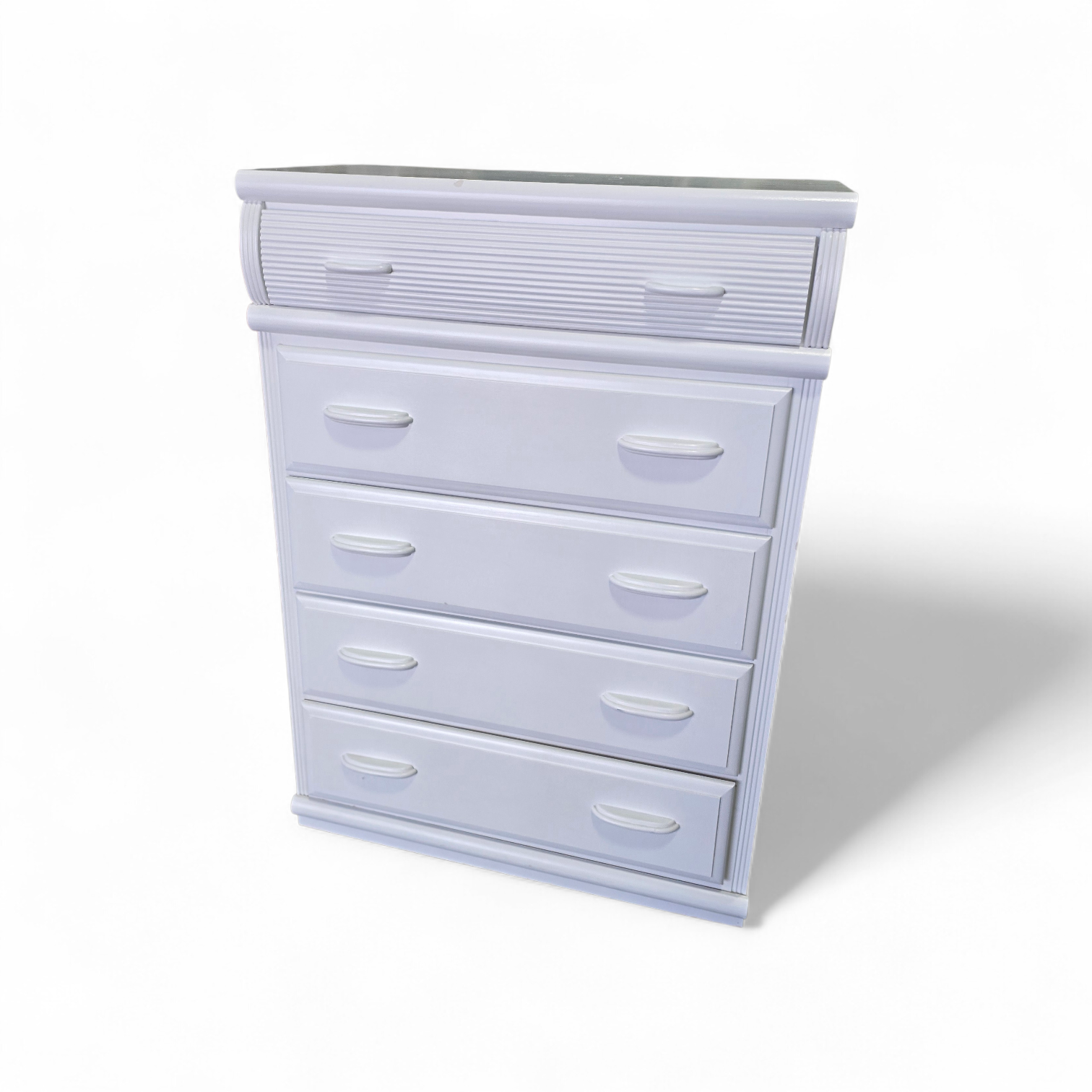 SHL front view of white wood/MDF 5 drawer chest, 34.2 x 17.5 x 49.5, used and in good condition