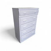 SHL side view of white wood/MDF chest of drawers showing storage design, used and in good condition