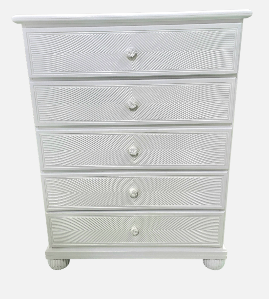SHL front view of white wood/MDF 5 drawer dresser, 36 x 17 x 48.5, used and in good condition