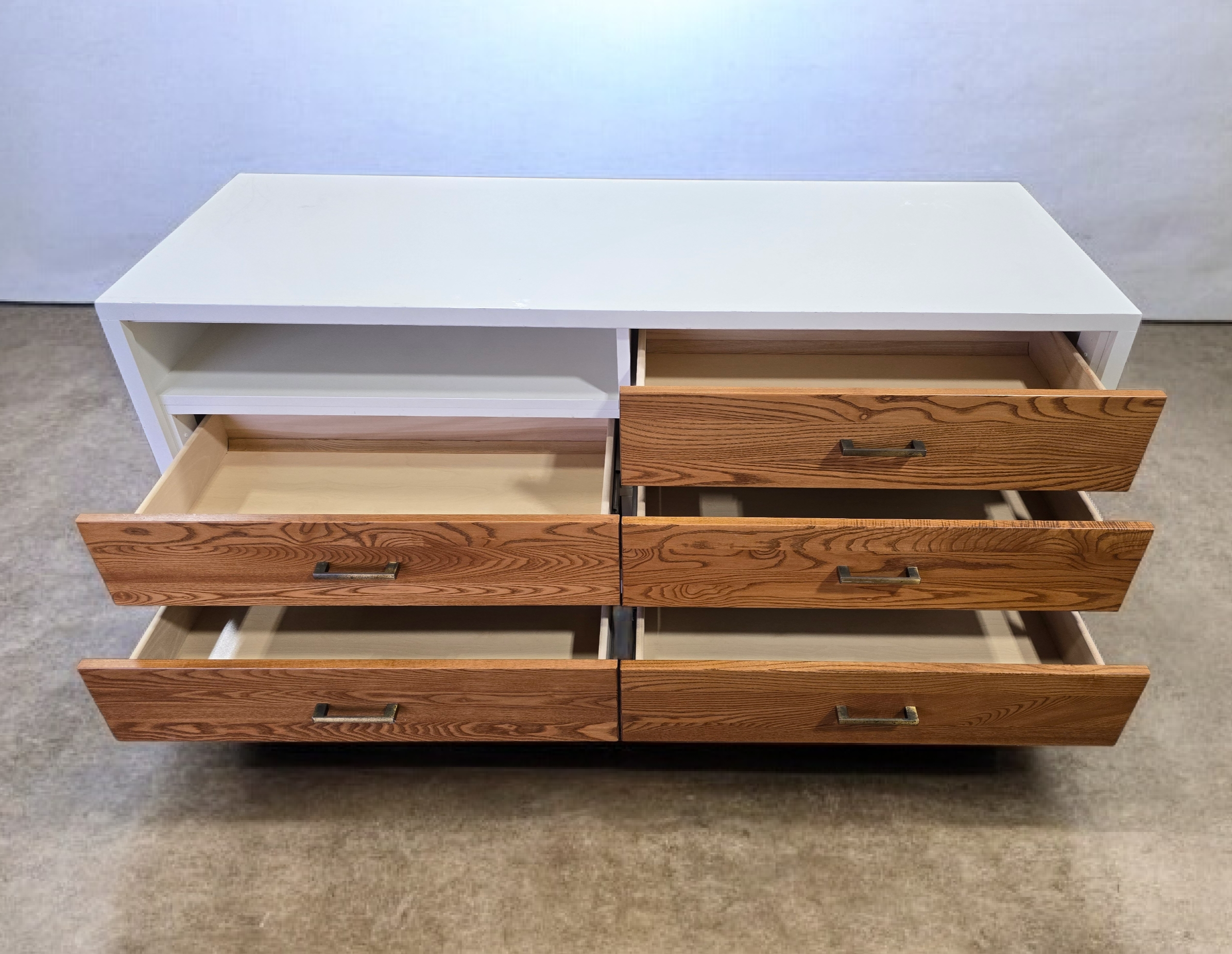 SHL close-up of drawer detail on Wood Castle brand 5 drawer dresser, used and in good condition