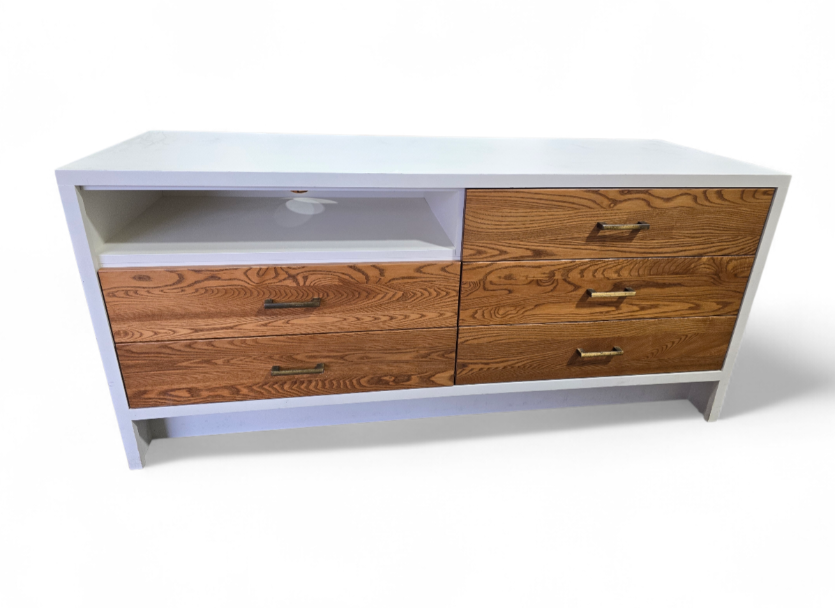 SHL front view of Wood Castle brand 5 drawer dresser measuring 66 x 24 x 30, used and in good condition