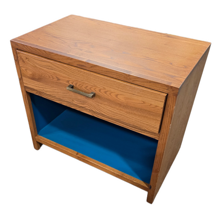 SHL angled view of Wood Castle nightstand for bedside storage, used and in good condition