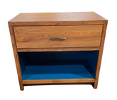 SHL front view of Wood Castle brand nightstand with one drawer and open storage, 30 x 18 x 26, used and in good condition