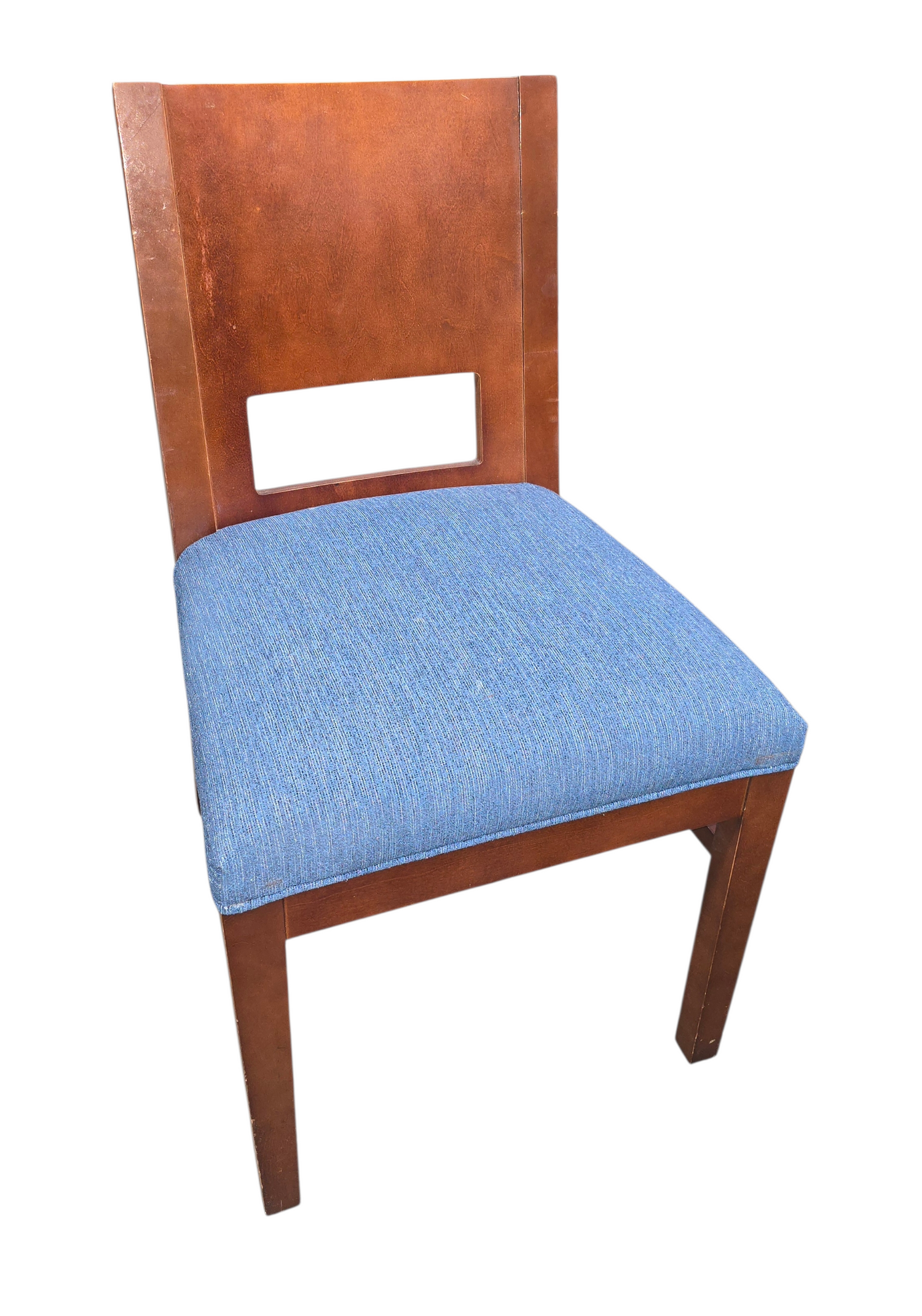 Wood frame dining chair with blue upholstered padded seat, used and in great condition