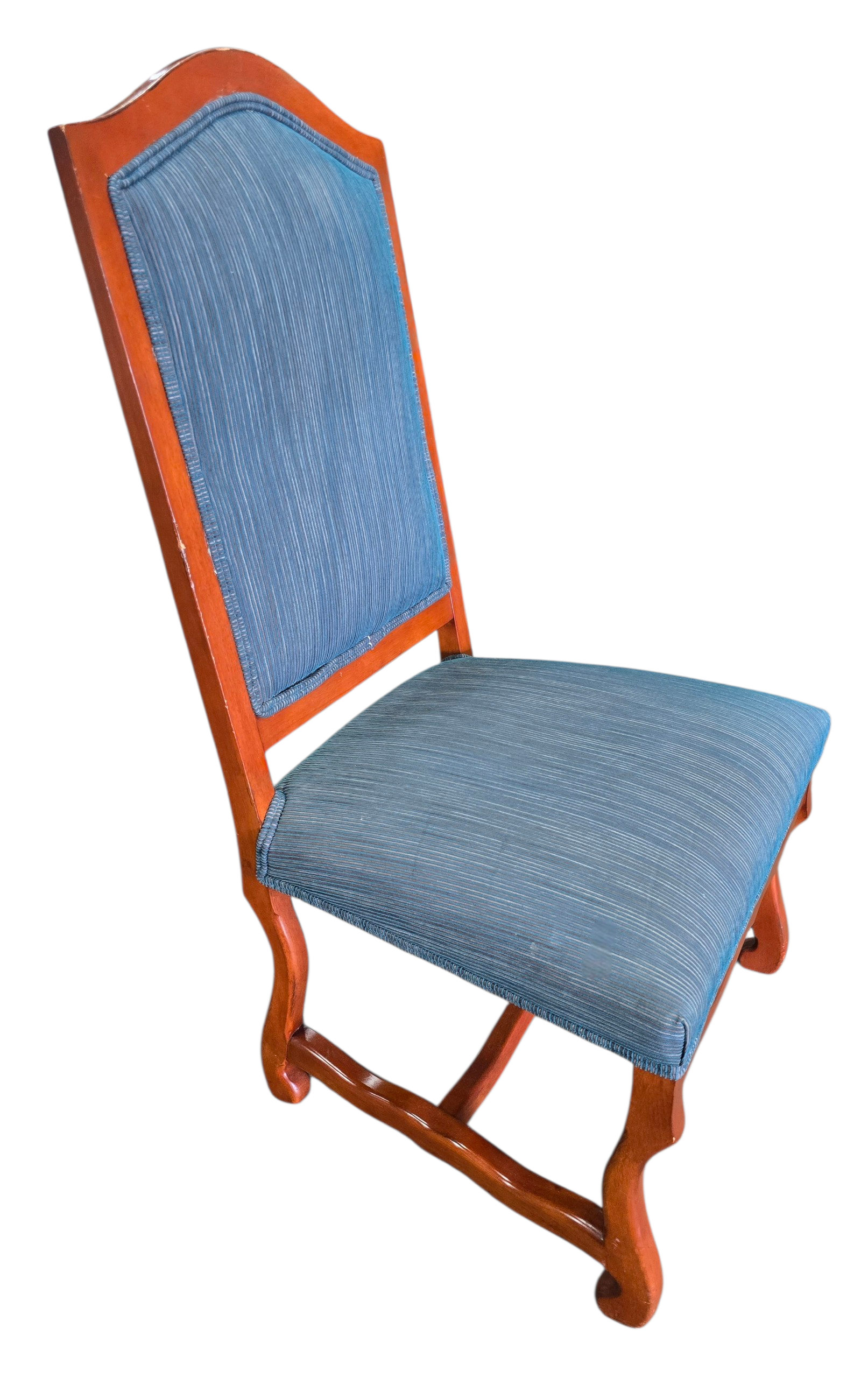 Side angle view of wooden frame dining chair with tall back