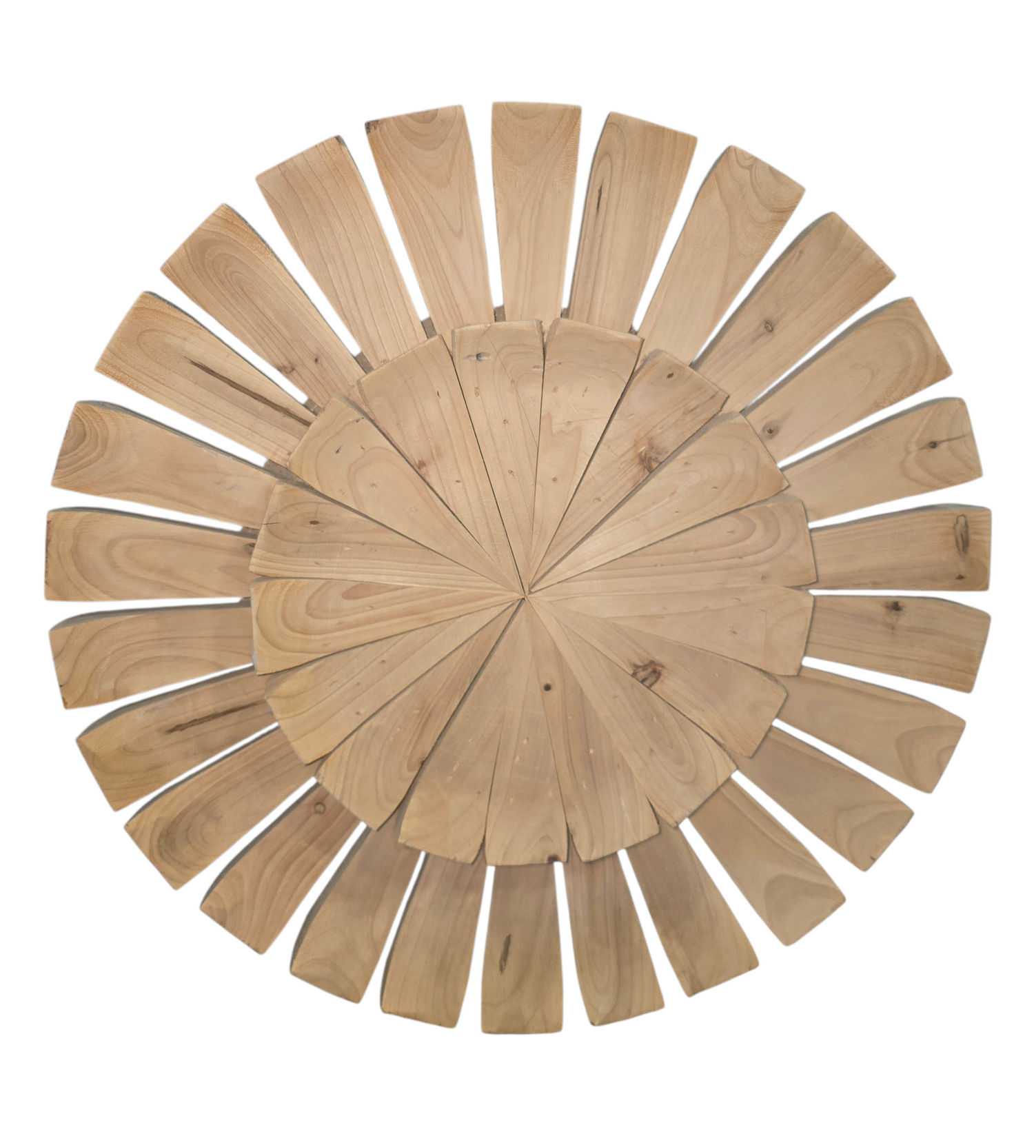 Decorative unfinished wood sunburst wall art measuring 18 inch diameter, used and in good condition