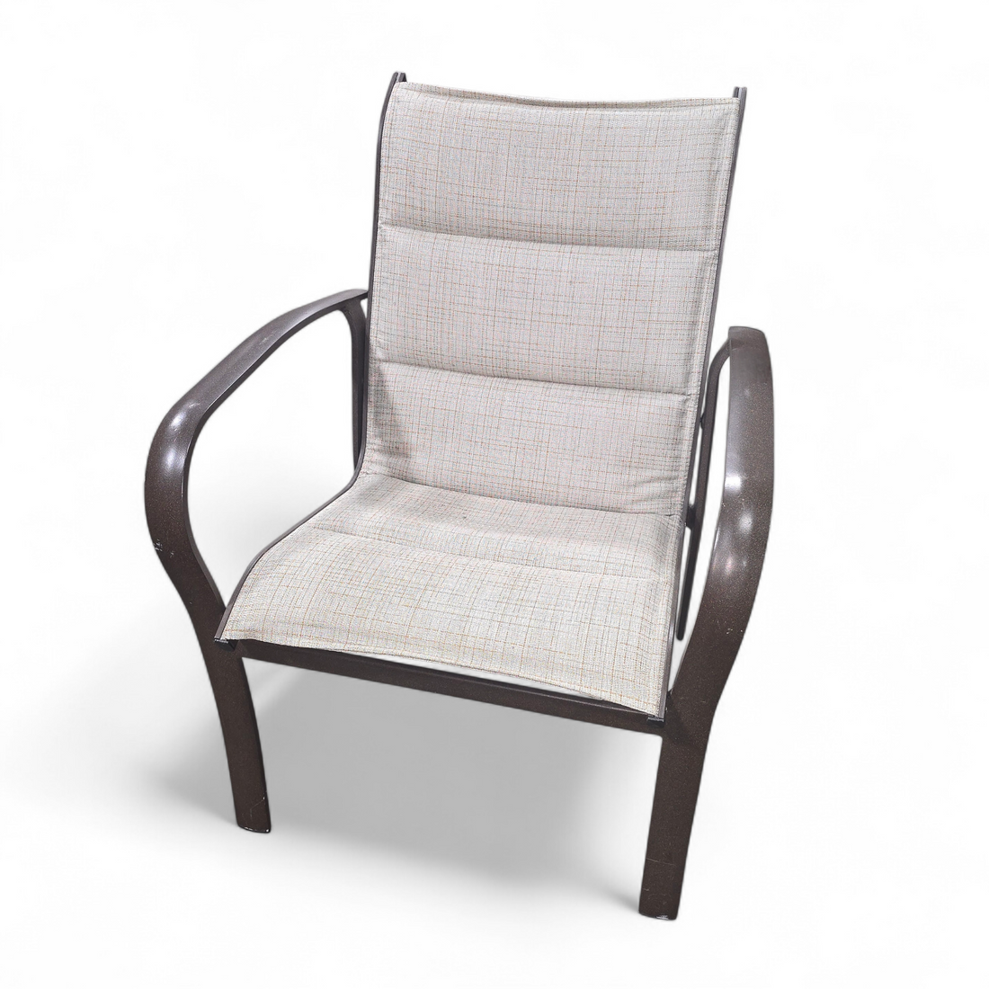 SHL front view of Woodard brand patio chair, 27.5 x 24 with 17-inch seat height, used and in good condition