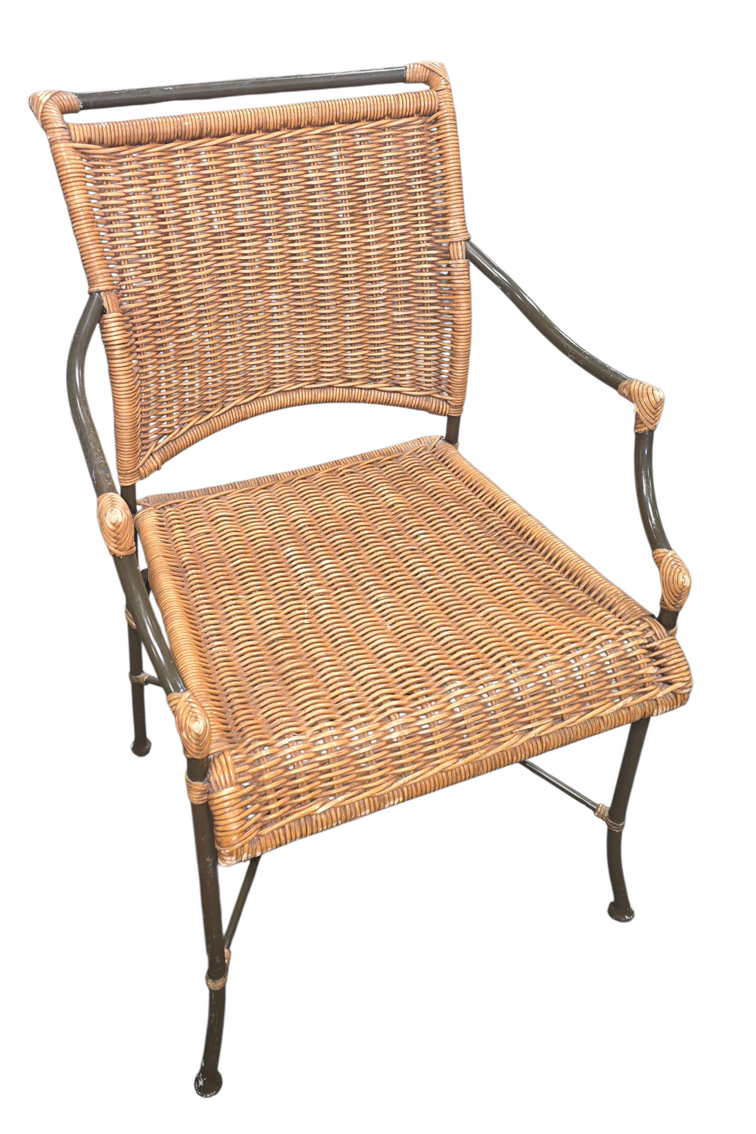 Woven rattan chair with metal frame, used and in good condition