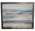 SHL abstract coastal landscape wall art featuring neutral blue and gray tones with silver frame measuring 36 x 30 used in good condition