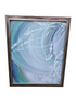 SHL abstract swirl wall art featuring blue teal lavender and white brushstroke design with silver frame measuring 30 x 36 used in good condition