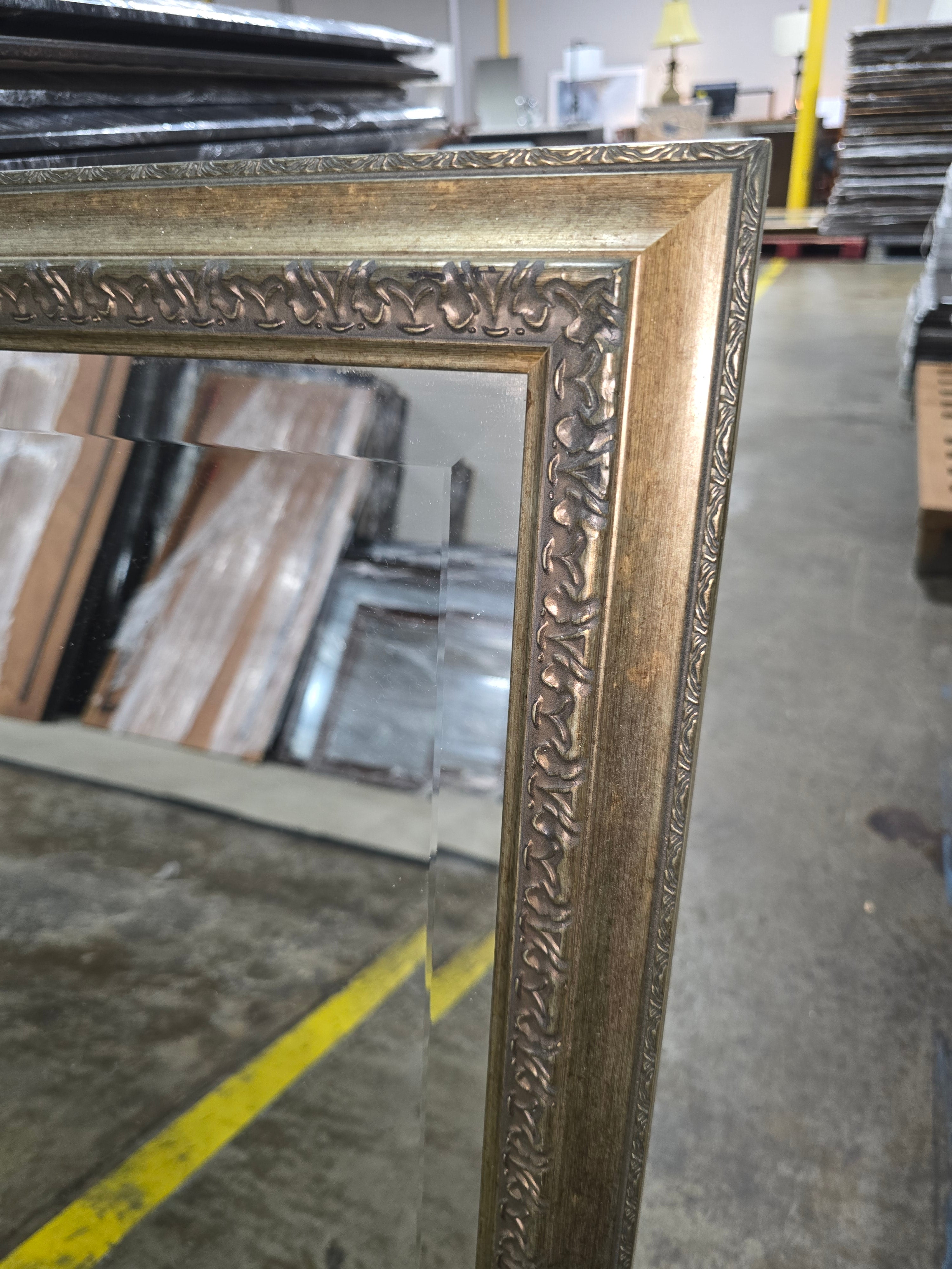 SHL antique bronze framed wall mirror 48.25 x 38.25 close up of beaded trim and brushed bronze frame used in good condition