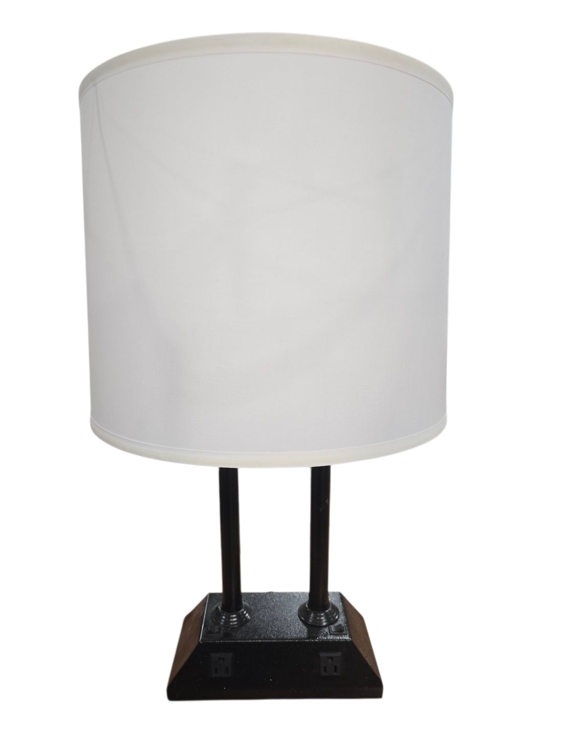 SHL black table lamp with built in power outlets and tapered fabric shade